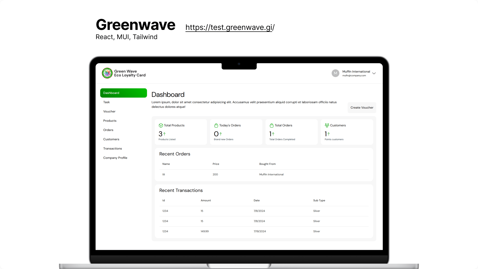 Green Wave Rewards Company Landing Page and Dasboard