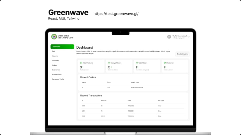 Green Wave Rewards Company Landing Page and Dasboard
